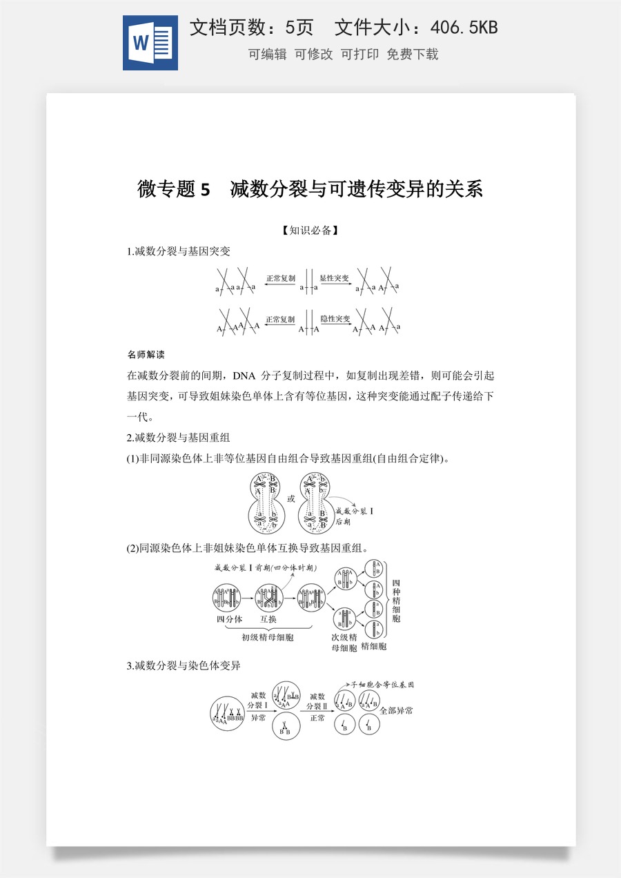 高中-高考总复习-生物-微专题5　减数分裂与可遗传变异的关系.doc